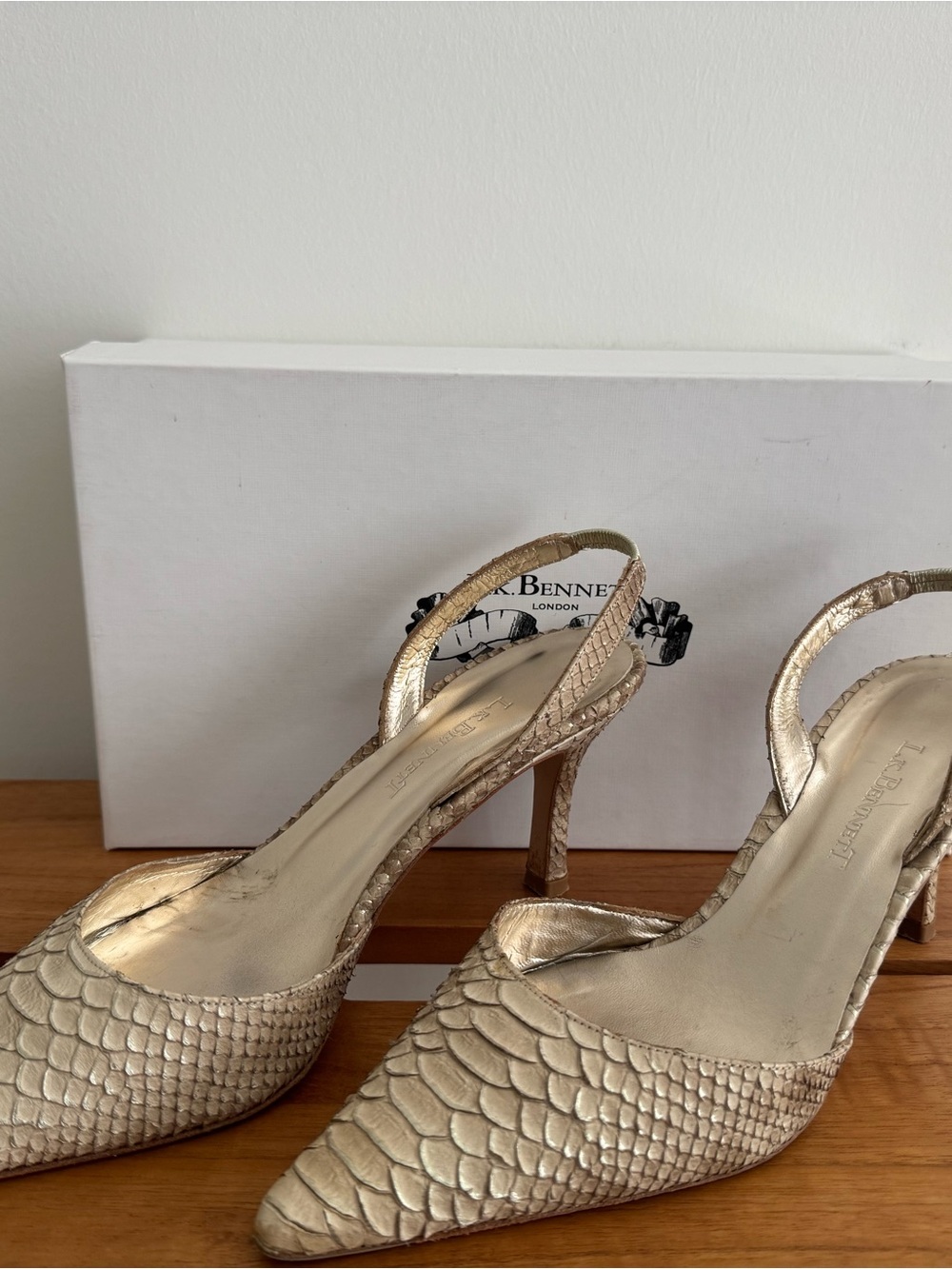 LK Bennett Metallic Gold Scaled Pointed-Toe Slingback Heels